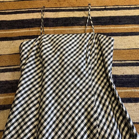 Ann Taylor Silk Gingham Check Dress Spaghetti Strap Black White Plaid Petite 2 - Picture 2 of 8